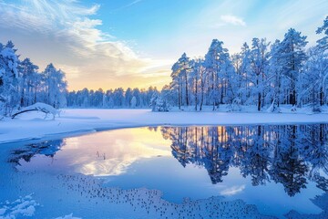 A serene winter landscape featuring a snowy forest reflected in a calm lake at sunrise, highlighting the beauty of nature in the winter season.