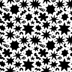 Wall Mural - Abstract organic shape seamless pattern with black and white geometric doodles. Flat cartoon background, simple random shapes print texture.	
