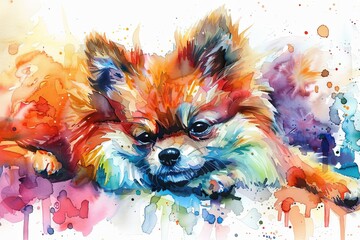 A colorful watercolor painting of a Pomeranian dog