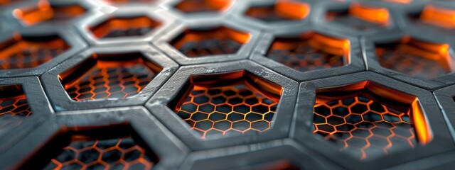 Wall Mural - Close Up of Wet Black Hexagonal Tiles With Orange Lighting