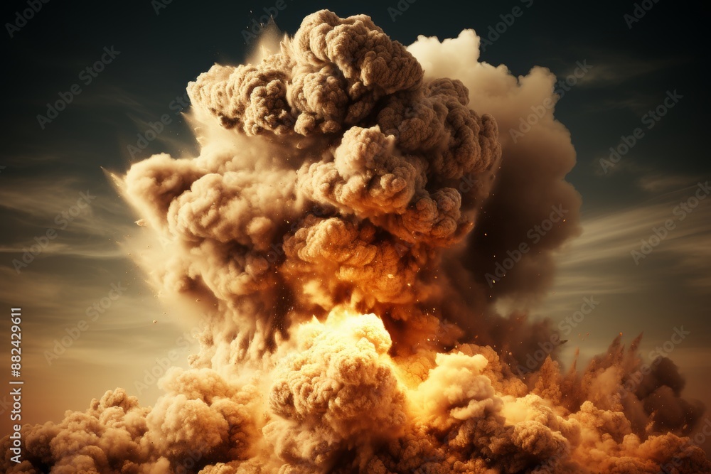 A massive explosion creating a towering mushroom cloud of smoke and ...