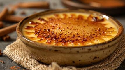 Crema catalana in a rustic bowl, close-up shot highlighting the creamy texture and golden-brown crust, cinnamon sticks on the side.