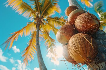 Wall Mural - A tropical scene with a coconut palm tree and a bunch of coconuts hanging high above. 