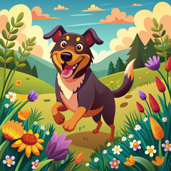 Wall Mural - Happy dog bounding across a field of wildflowers, zest for life evident in every joyful stride