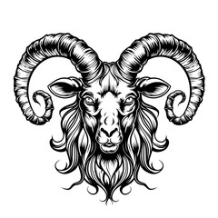 Wall Mural - A ram with horns is drawn in black and white. The ram has a menacing look on its face, with its eyes wide open and its mouth open