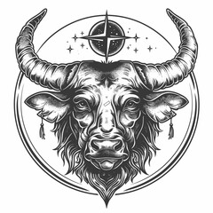 A black and white drawing of a bull with a star in the center. The bull has a large horn and is surrounded by a circle