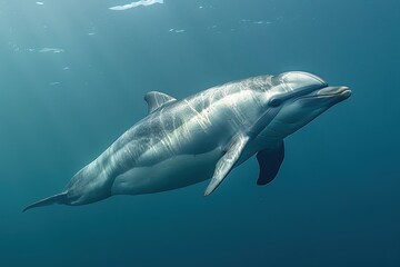 Wall Mural - A Vaquita dolphin swimming gracefully in clear blue waters, its small, rounded body and distinctive dark patches around its eyes visible. 