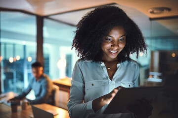 Aufkleber - Tablet, research and woman in office at night with stock market analysis for risk management. Digital technology, data and African female financial broker with foreign exchange trading for client.