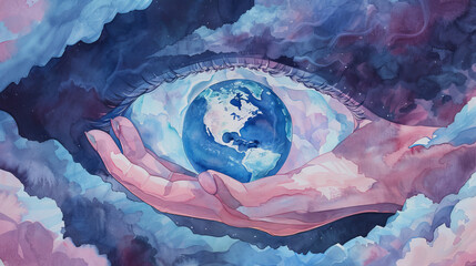 urreal depiction of the Earth cradled in a hand within a giant eye, symbolizing global awareness and protection. The blue and white hues add a dreamy atmosphere