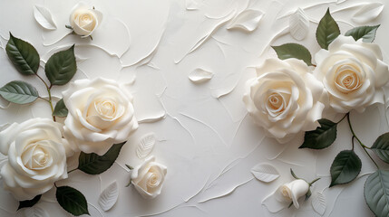 White roses on textured white background floral design concept. White background for baptism, wedding or church celebration with flowers and copy space