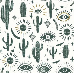 Canvas Print - a pattern with cactuses, cacti, and eye