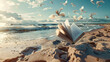 © Prasanth - An art book floats through the windy sky above the sandy beach, blending with the clouds and water, creating a beautiful natural landscape