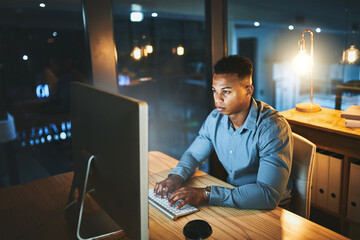 Poster - Web design, computer and business man at night for website, research and ux software. Corporate, working late and worker on pc for programming, information technology and cybersecurity in dark office