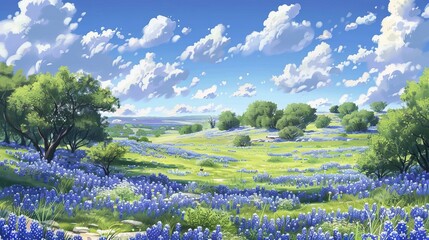 Wall Mural - An expansive view of fields filled with blooming bluebonnets under a bright blue sky, creating an idyllic and picturesque scene that captures nature in its full, vibrant beauty.