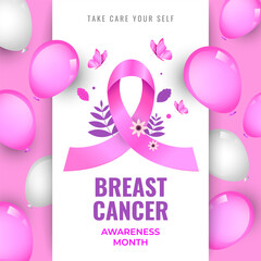 Wall Mural - Breast Cancer Awareness Month Vector Illustration Pink Background with Pink Bow Ribbon Layout Social Media Banner Design