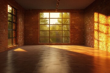 Canvas Print - A modern interior with a brick feature wall and big windows