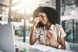 © peopleimages.com - Office, black woman and eye strain with headache for stress, poor ergonomics and digital fatigue of writer. Workplace, pain and migraine of journalist for business, article deadline and tired