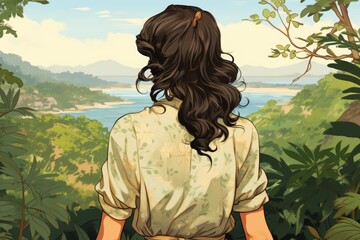 Wall Mural - A stylish woman in retro clothing admiring the breathtaking view of a tropical island paradise, with vibrant green mountains and clear blue skies in the background