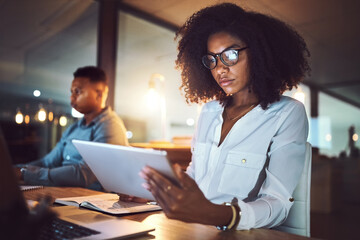 Poster - Tablet, reading and business woman in office at night with stock market analysis for risk management. Digital technology, research and African female financial broker with foreign exchange trading.