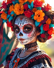 Wall Mural - Mexican holiday called Day of the Dead, portrait of Mexican girl with Day of the Dead carnival mask. Illustration. Generative AI.