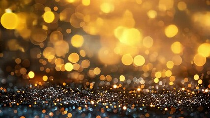 Wall Mural - Christmas golden luxury abstract bokeh background. Gold blurred glitter lights and sparkles motion animation. Magic festive backdrop with copy space for holiday, birthday, New Year