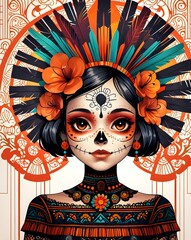 Wall Mural - Mexican holiday called Day of the Dead, portrait of Mexican girl with Day of the Dead carnival mask. Illustration. Generative AI.