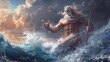 © Eleanor Richards - An imposing god with a muscular physique and long white beard is shown emerging powerfully from stormy ocean waves, holding a trident and commanding the sea.