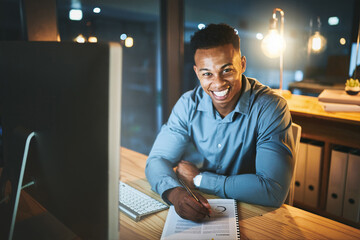 Leinwandbilder - Night, office and portrait of black man with notes, business plan and data analysis at desk at tech startup. Dark, smile and businessman with computer, paperwork and research report at digital agency