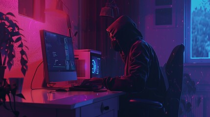 A hooded figure works on a computer amid modern technology in a room with ambient lighting, symbolizing the secretive and intense nature of coding and cybersecurity.