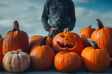 Man standing behind bunch of pumpkins for halloween