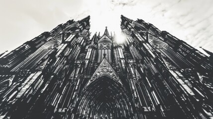 Wall Mural - A black and white photo of a historic cathedral's exterior