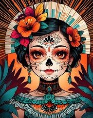 Wall Mural - Mexican holiday called Day of the Dead, portrait of Mexican girl with Day of the Dead carnival mask. Illustration. Generative AI.