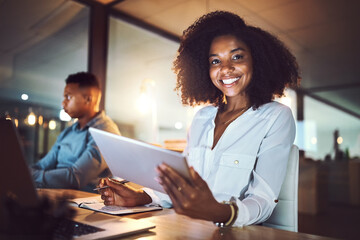 Canvas Print - Tablet, night and portrait of woman in office with stock market analysis for risk management. Digital technology, smile and African female financial broker with foreign exchange trading for client.