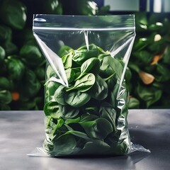 Wall Mural - A sealed plastic bag with lots of spinach. Selected spinach in a transparent plastic bag in vegetable conservation concept for sale. 