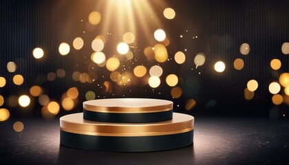 Wall Mural - Luxury 3D Black and Gold Podium with Spotlight on Dark Background with Golden Bokeh for Elegant Product Display, Mockup, Showroom 