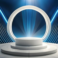 Wall Mural - Minimal 3D White Podium with Blue Circle Backdrop and Light Beam for Product Display, Mockup, and Showcase 