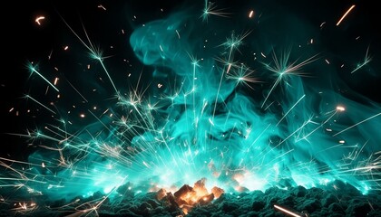 Teal lightning sparks and ember particles on plain black background 