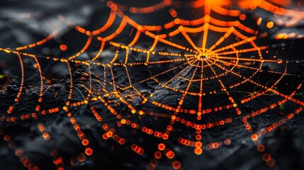 Hight quality stock photo of background in the form of thin cobweb threads in dark and yellow neon style close up, flat lay, minimalist style, banner