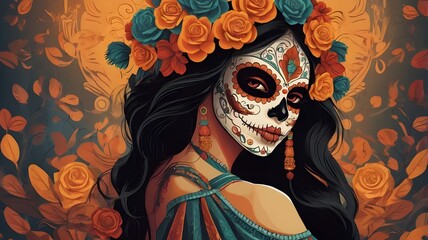 Wall Mural - Mexican holiday called Day of the Dead, portrait of Mexican girl with Day of the Dead carnival mask. Illustration. Generative AI.