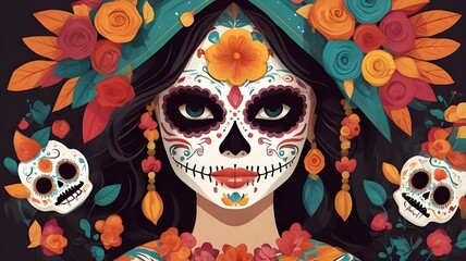 Wall Mural - Mexican holiday called Day of the Dead, portrait of Mexican girl with Day of the Dead carnival mask. Illustration. Generative AI.