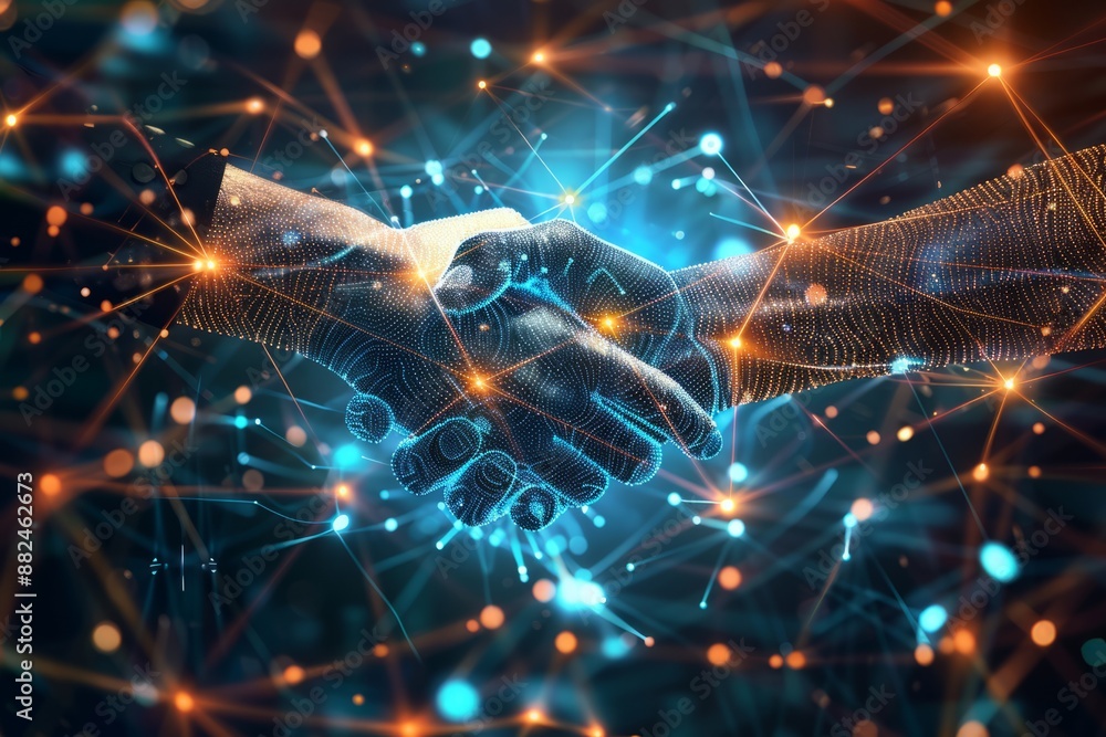 Handshake Network Professional handshakes with digital network coverage represent ...