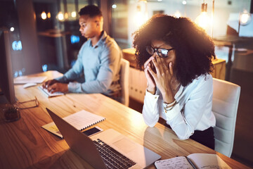 Poster - Business, woman and headache from burnout at desk with eye strain, overworked and work deadline at night. Professional, employees and fatigue in coworking office with stress, internet glitch and pain