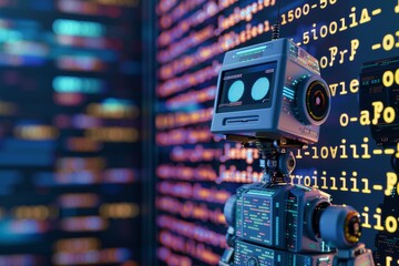 An illustration of a robot coding itself, representing the concept of artificial intelligence and self-learning algorithms in programming