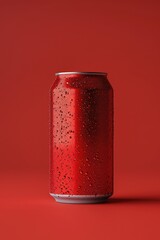 A soda can sitting on a bright red surface