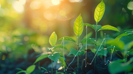 Wall Mural - Young plants growing in the sun with a business graph representing increasing growth, perfect for illustrating concepts like green business and investment