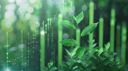 Wall Mural - Lush green plants are growing with a financial chart superimposed, suggesting the concept of a green economy and responsible investing