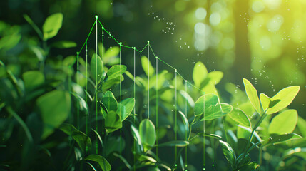 Wall Mural - Thriving green economy concept with financial growth over lush forest. Harmony between business success and nature's abundance. Visual metaphor for sustainable development