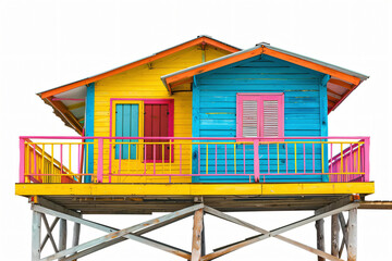 Colorful wooden beach hut standing on stilts over white background. This tropical bungalow is ideal for summer vacation