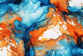 Sticker - wallpaper orange blue abstract drawn paintbrush illustration swabs background alcohol ink watercolor hand emerald