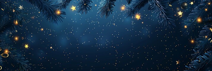 Wall Mural - Border made of fir tree branches and golden stars on snowy blue background. Merry Christmas and Happy New Year. Winter holidays template with copy space for greeting card, invitation, banner, poster